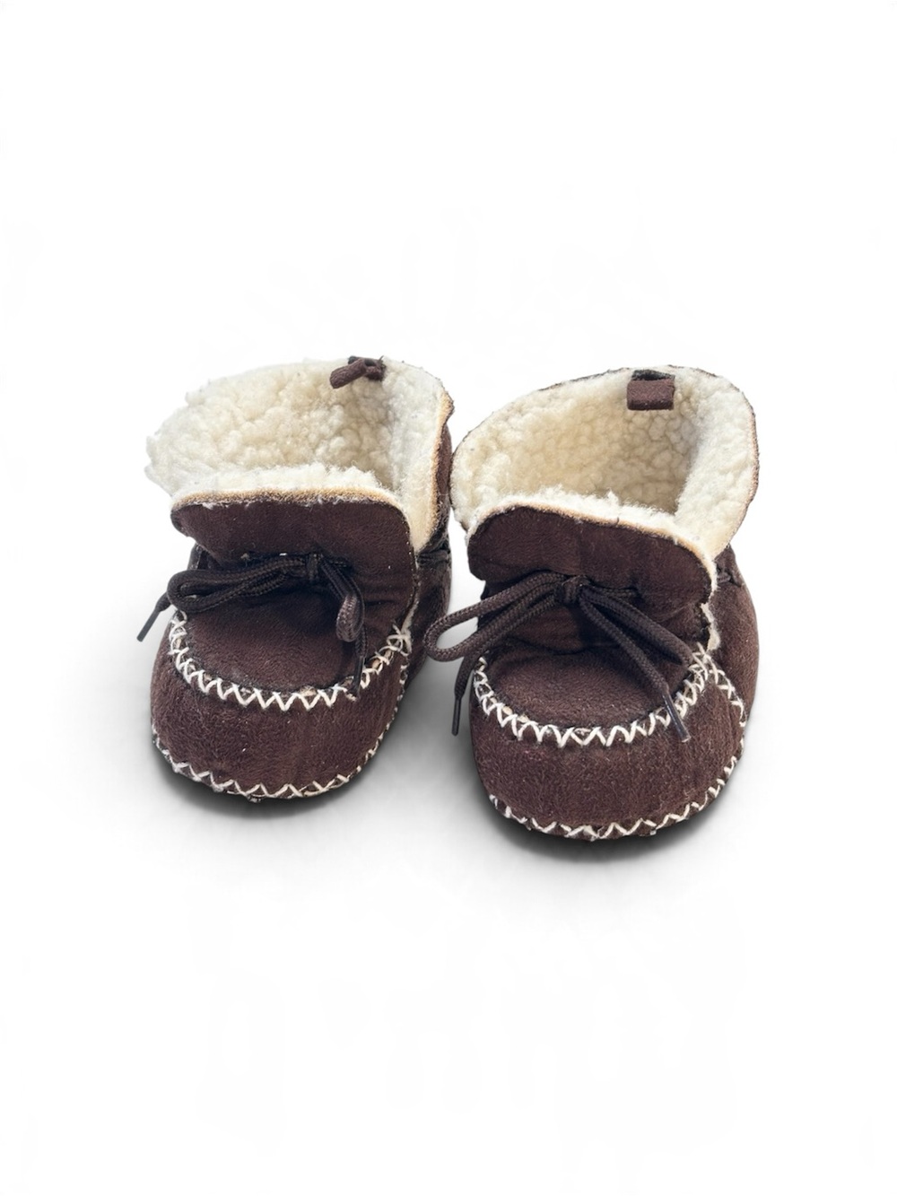 Cozy Espresso Brown Faux Suede Shearling Whipstitch Moccasin Booties Size 2 3-6M